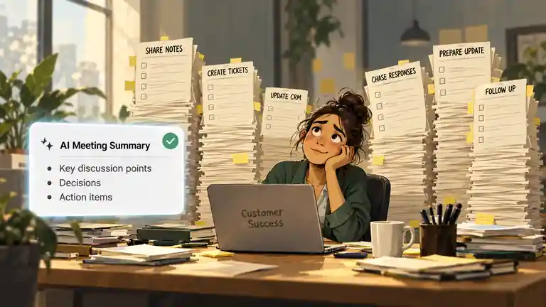 Editorial illustration of a post-sales professional beside a tidy AI meeting summary while stacks of follow-up work remain.